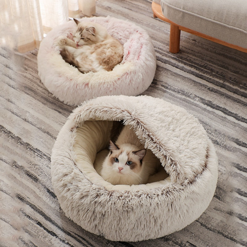 AlphaPick Cat Bed Round Soft Plush Burrowing Cave Hooded