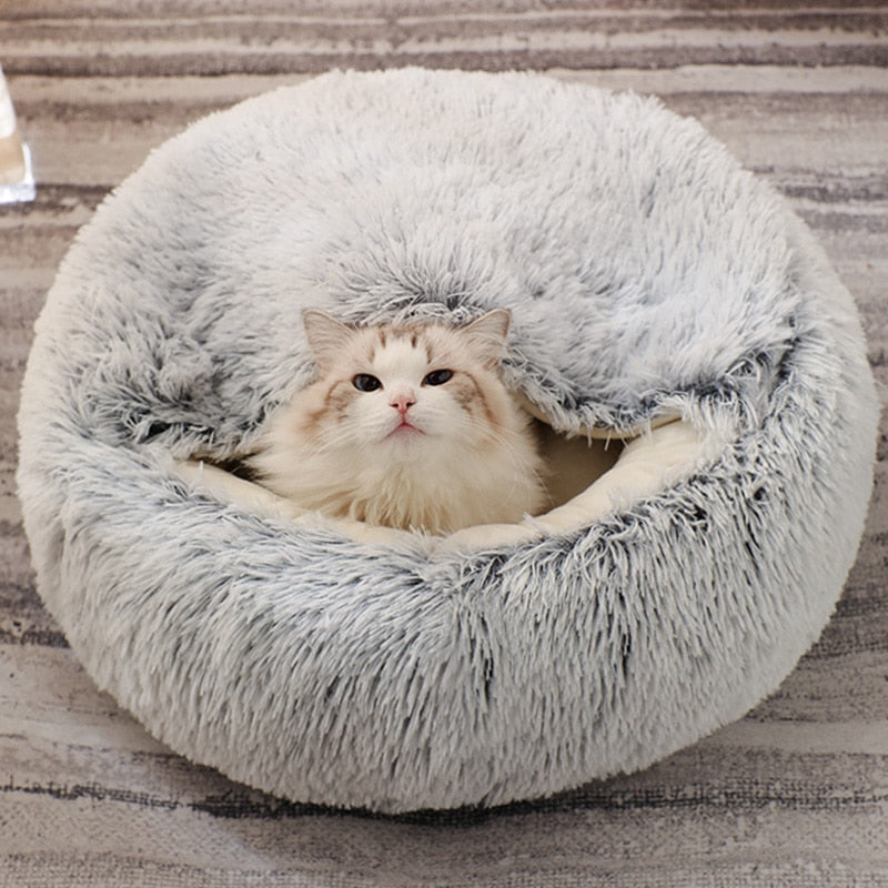 AlphaPick Cat Bed Round Soft Plush Burrowing Cave Hooded